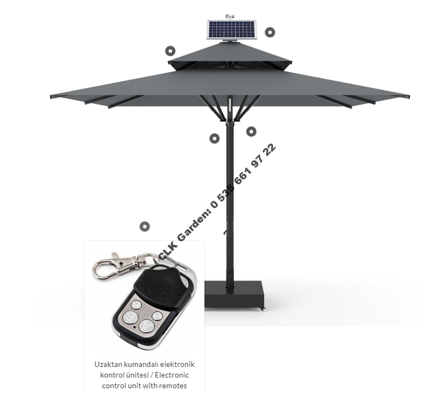 CLK Ultra 4x4 Metre Solar Güneş Panelli Led Işıklı Motorlu Alüminyum Teleskopik Şemsiye Krankşaft Akrilik Kumaş - Image 4