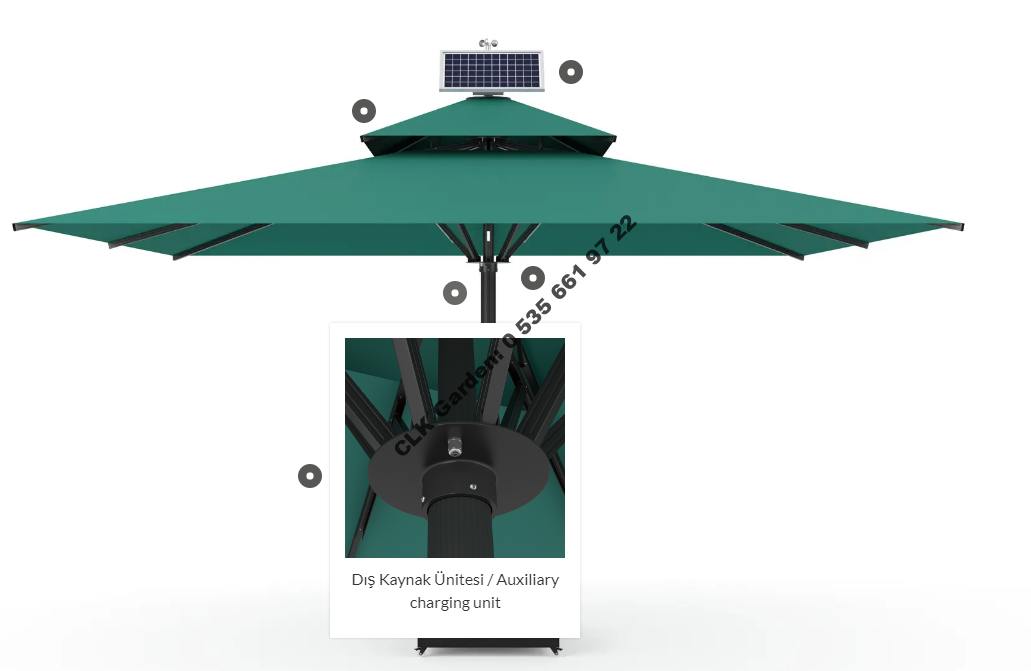 CLK Ultra 5x5 Metre Solar Güneş Panelli Led Işıklı Motorlu Alüminyum Teleskopik Şemsiye Krankşaft Akrilik Kumaş - Image 6
