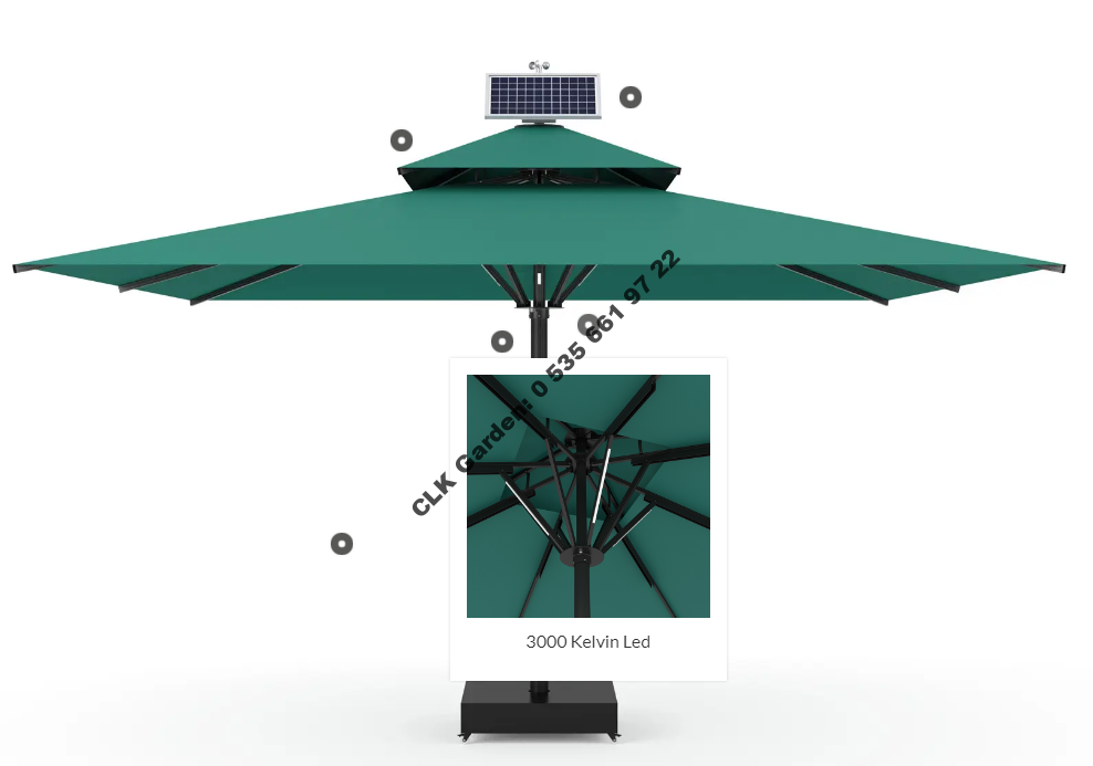 CLK Ultra 5x5 Metre Solar Güneş Panelli Led Işıklı Motorlu Alüminyum Teleskopik Şemsiye Krankşaft Akrilik Kumaş - Image 5