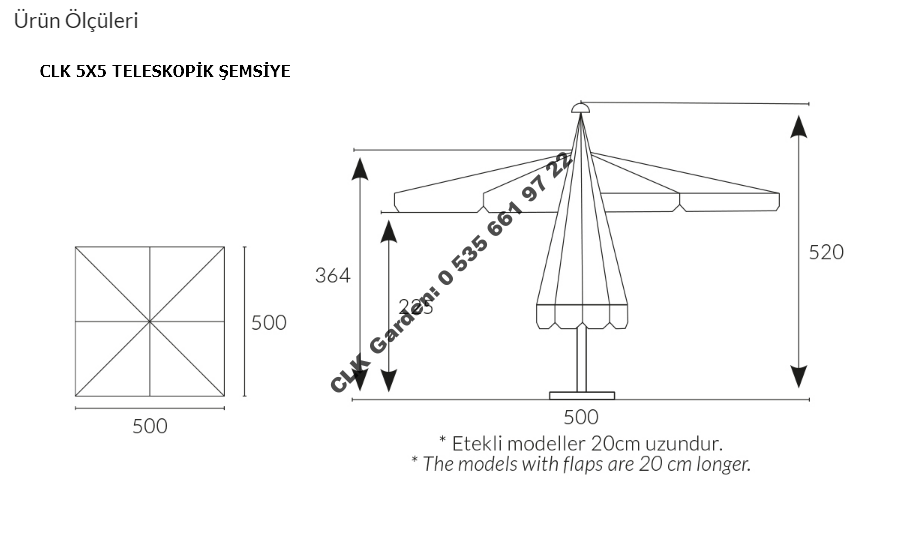 CLK 5x5 Metre Çap 100 Ortadan Direkli Alüminyum Teleskopik Şemsiye İmalatı Satışı - Image 9