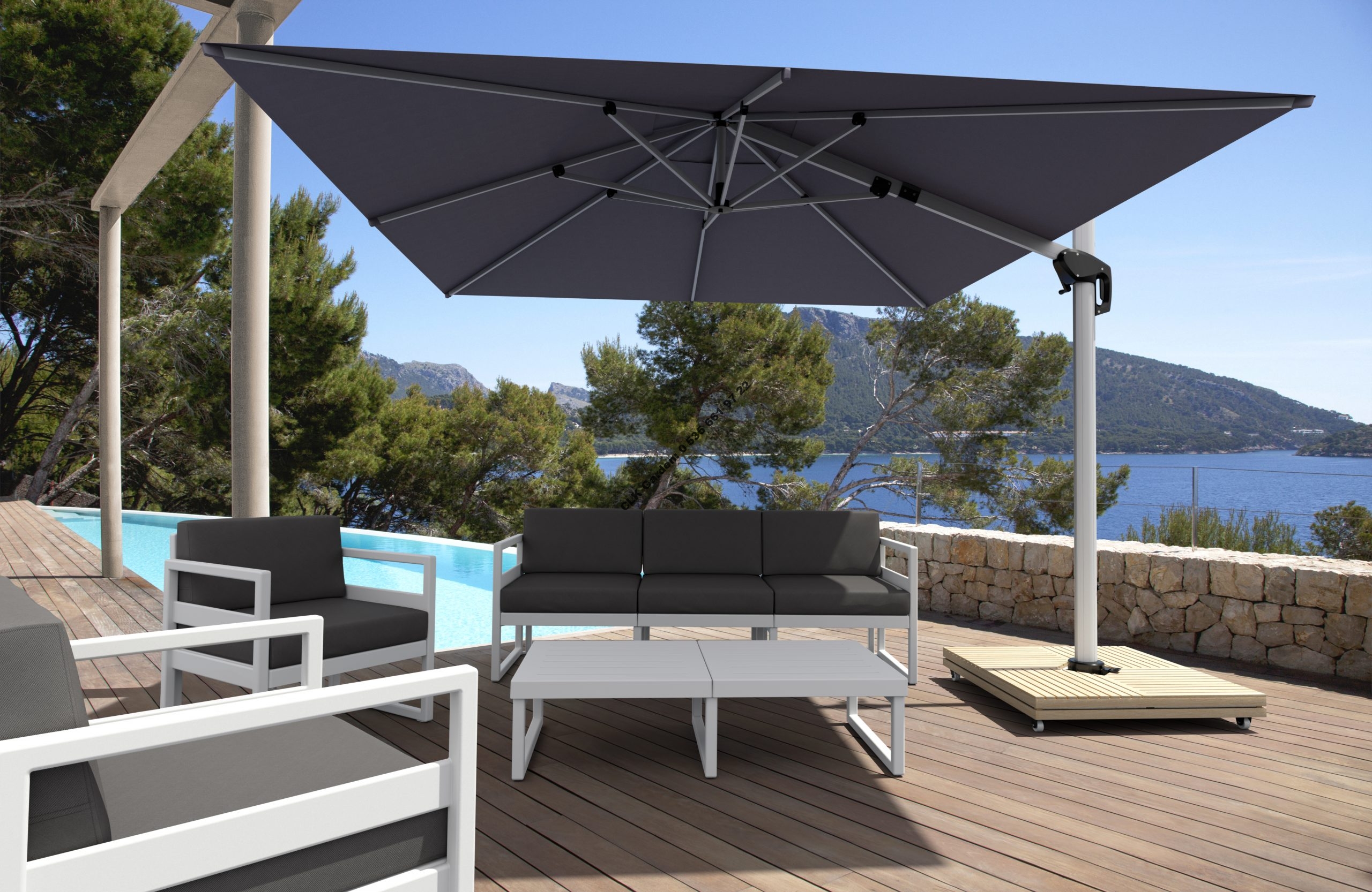 CLK Mykonos Şemsiye 3x3 Metre Alüminyum Antrasit Yandan Kollu Dirsekli Bahçe Cafe Şemsiyesi - Image 7