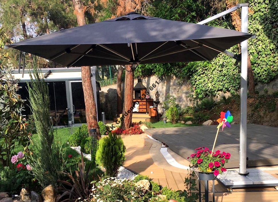 CLK Mykonos Şemsiye 3x3 Metre Alüminyum Antrasit Yandan Kollu Dirsekli Bahçe Cafe Şemsiyesi