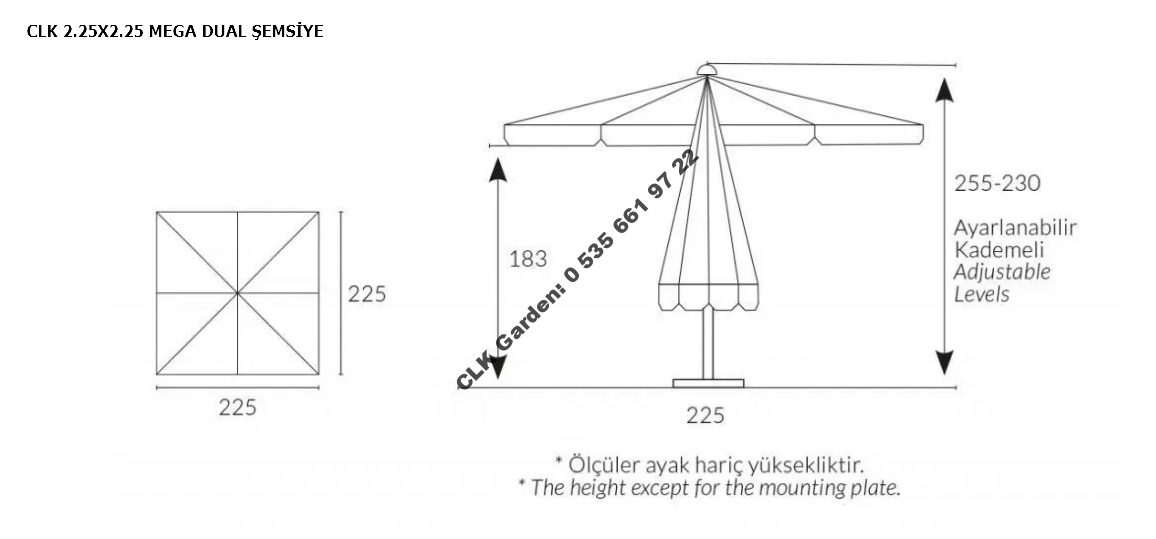 CLK 225 x 225mt Mega Dual Şemsiye Bahçe Cafe Otel Plaj Şemsiyeleri - Image 8