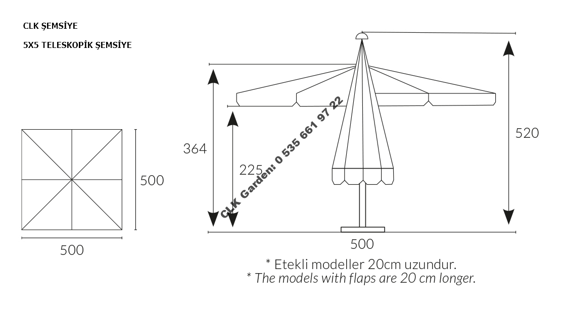 CLK 5x5 Metre Çap 100 Ortadan Direkli Alüminyum Teleskopik Şemsiye İmalatı Satışı - Image 15
